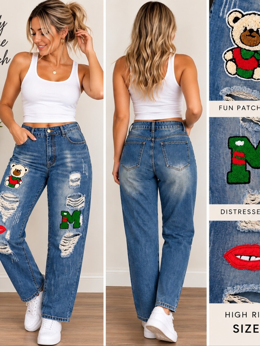 Women’s Size 34 Distressed Patch Jeans High Rise Boyfriend Teddy Bear Y2K